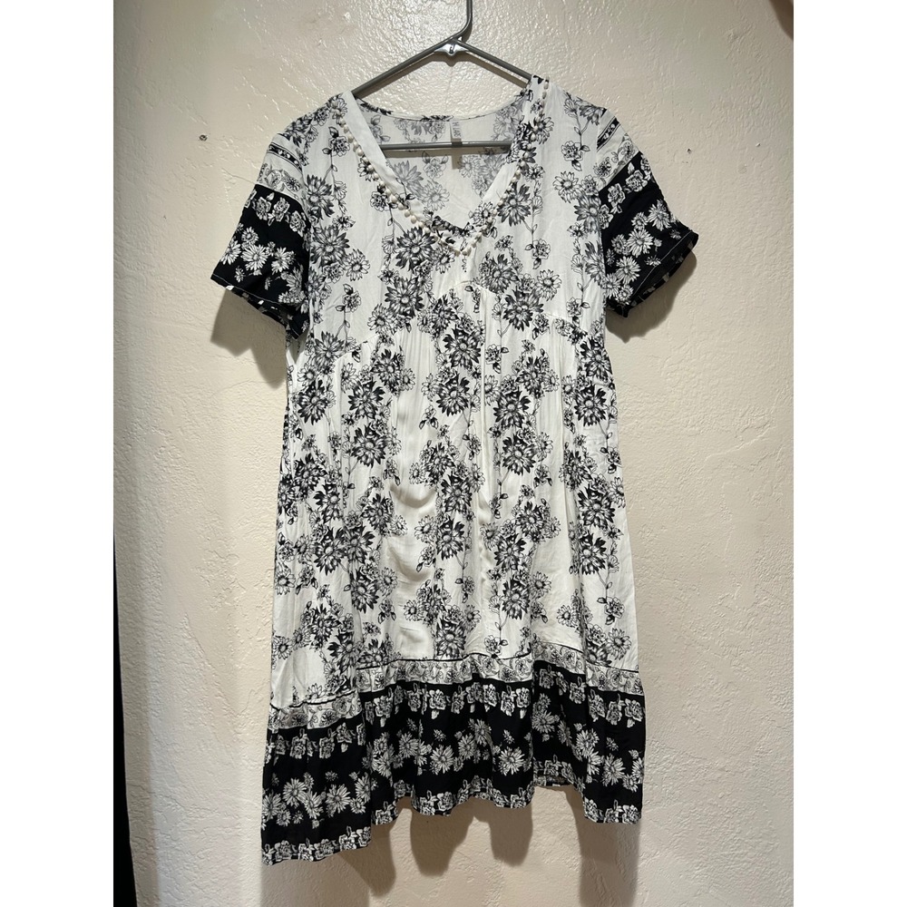 Lapis Womens Black White Floral Pom Pom Trim V-Neck Babydoll Dress Large